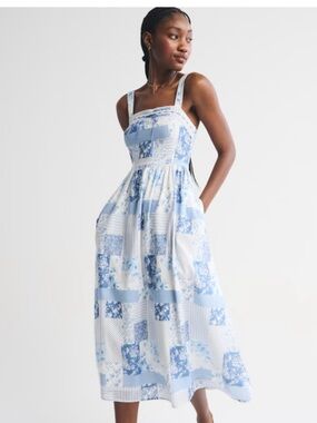 Abercrombie Emerson Midi Dress - White and Blue Patchwork